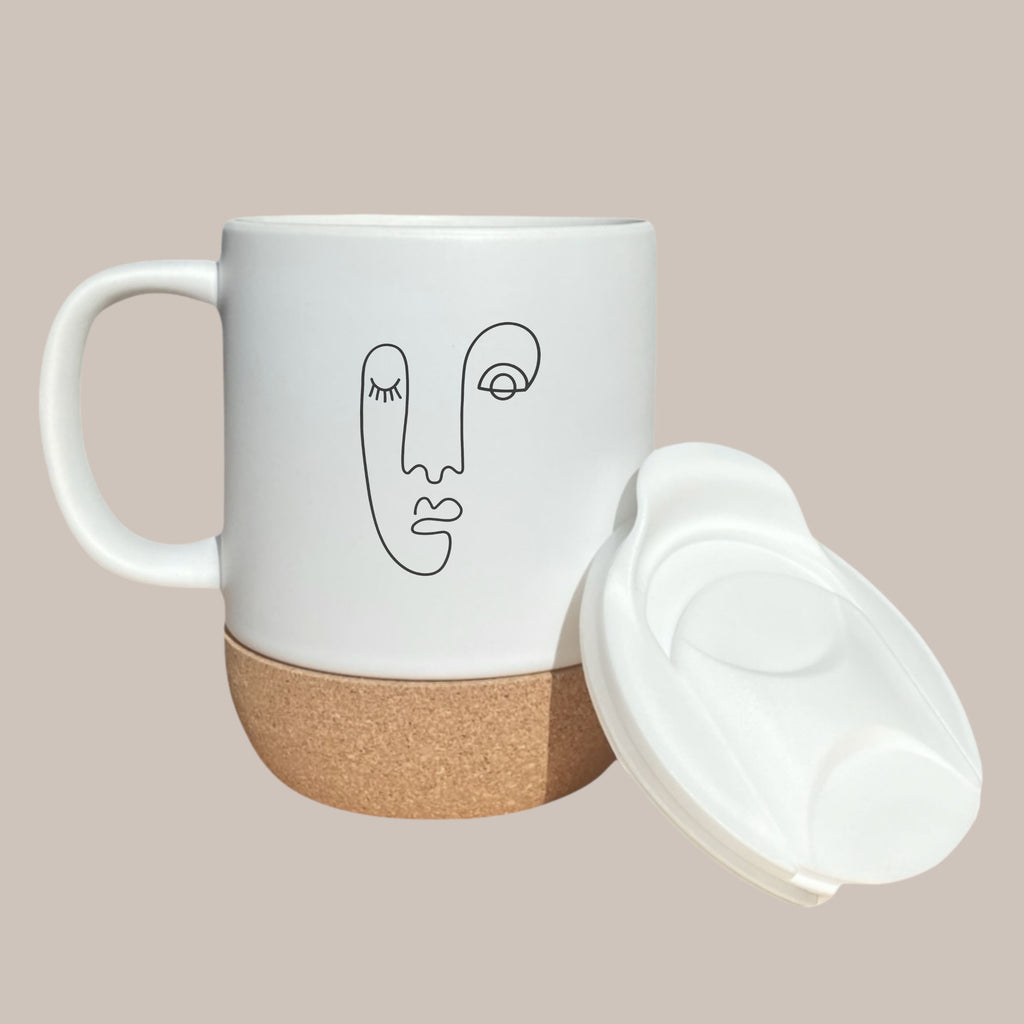 custom cork mug, line art mug, personalized gift, modern coffee cup, eco friendly mug, abstract face design, art lover gift, custom quote mug, handmade coffee mug, minimalist mug, aesthetic mug, unique gift, home decor